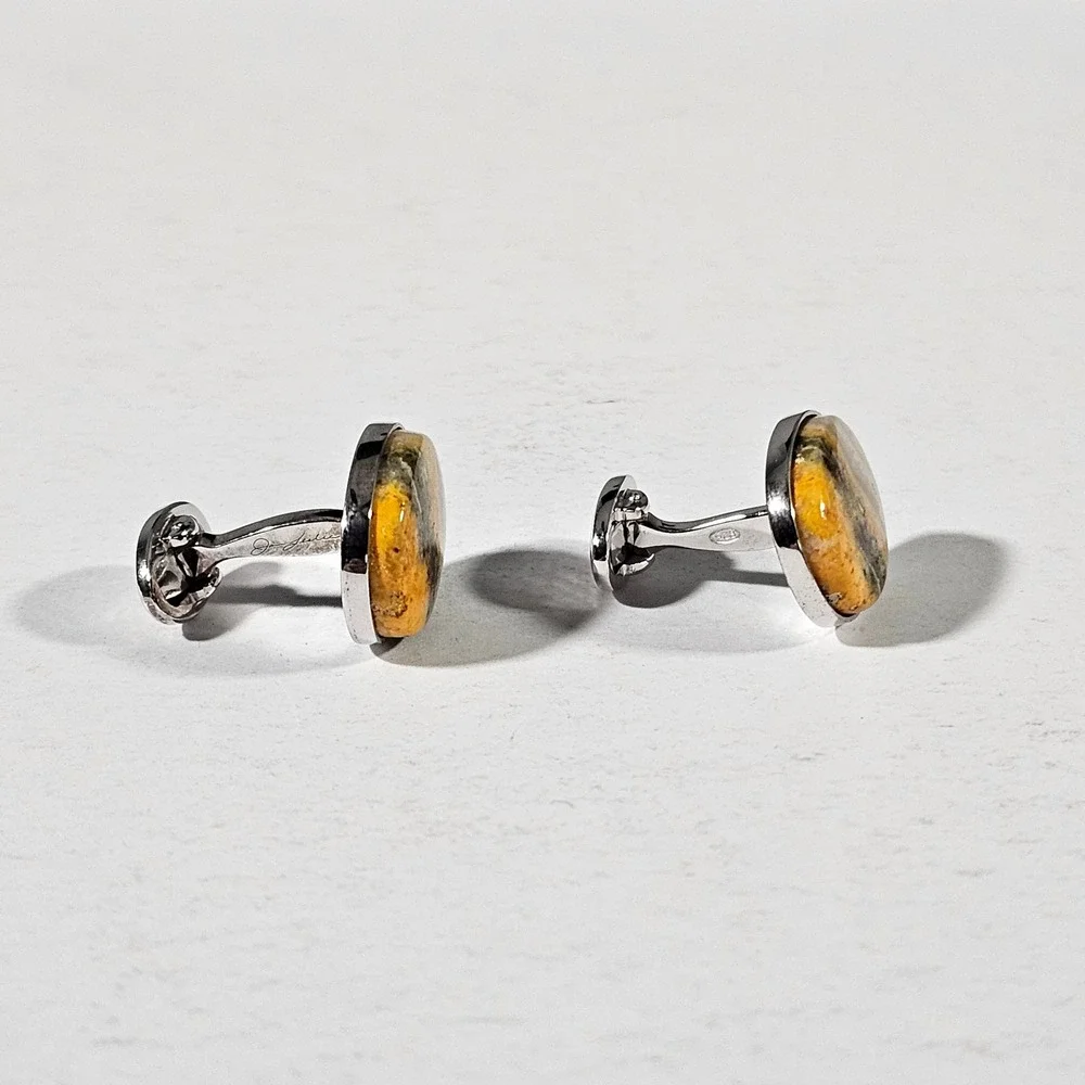 Jan Leslie Cufflinks Mens OS Yellow Bumble Bee Jasper 925 Sterling Silver Oval